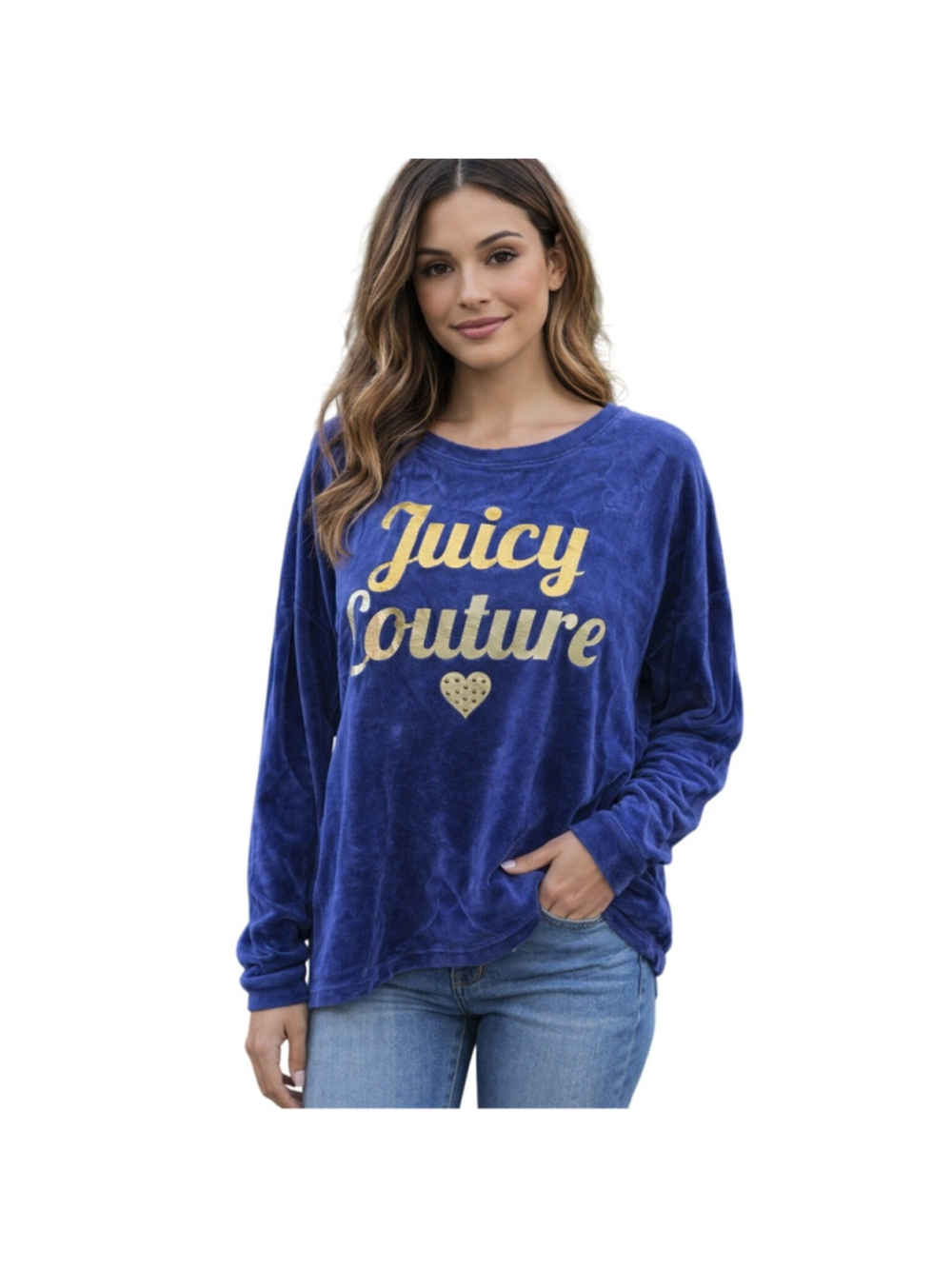 Juicy Couture sz L gold spell out navy velour sweater EUC crewneck y2k winter